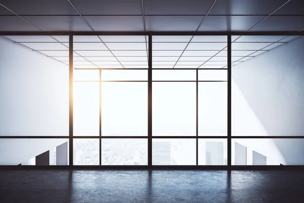 Sala Oficina Oscura Vacía Con Grandes Ventanas Panorámicas Diseño Interiores — Foto de Stock