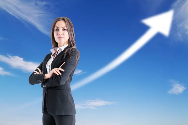 Confident Businesswoman Standing Arrow Background Clear Sky Success Leadership Concept Royalty Free Stock Photos