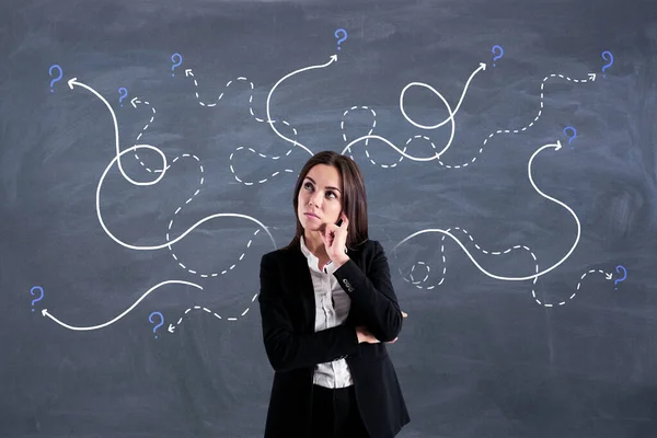 Find Solution Concept Pensive Businesswoman Blackboard Background Curved Lines Question — Stock Photo, Image