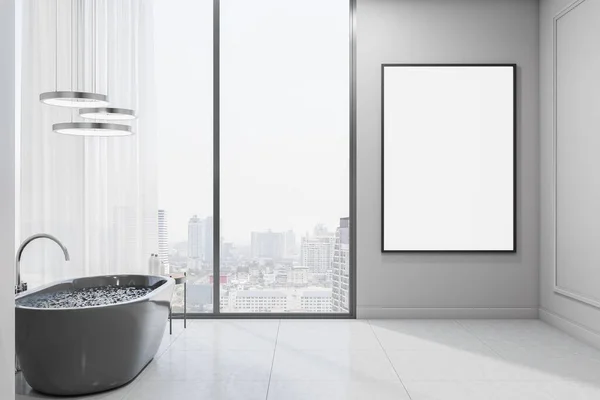 Blank White Poster Black Frame Stylish Sunny Bathroom City View — Stock Photo, Image