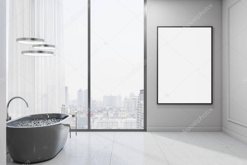 Blank white poster in black frame in stylish sunny bathroom with city view from huge window, black bath and glossy floor. 3D rendering, mockup