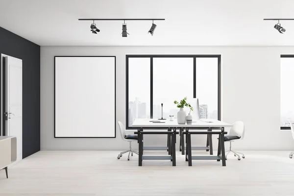 Blank white poster in black frame on light wall in stylish open space office with modern design, white furniture and city view from the window. 3D rendering, mockup