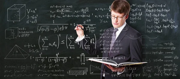 Higher Education Concept Student Carrying Textbook Writing Glass Board Math — Stock Photo, Image