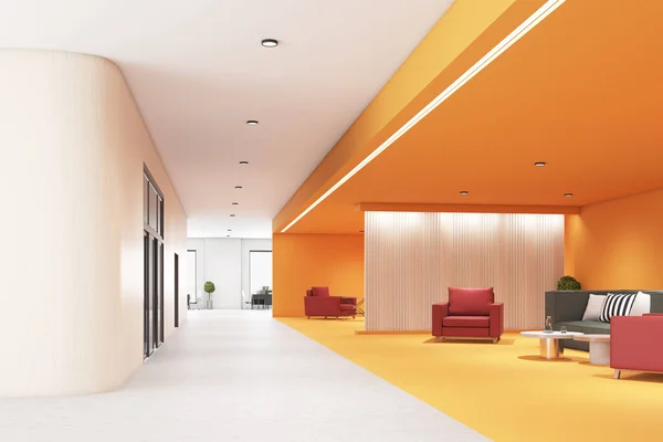 Zona Descanso Espera Moderna Oficina Espaciosa Con Paredes Blancas Naranjas —  Fotos de Stock