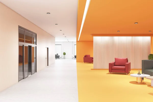 Современный Светлый Офисный Зал Светлыми Стенами Стеклянными Дверями Оранжевой Зоной — стоковое фото