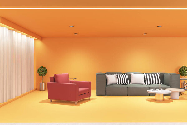Stylish orange shades office waiting area with red armchair, grey sofa with pillows, modern marble coffee table and light curtains. 3D rendering