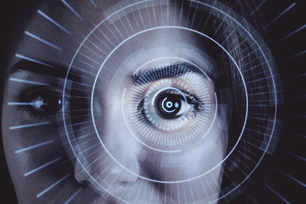 人間の目の認識顔Idスキャンプロセス デジタルインターフェイスを備えたヨーロッパの女性の閉鎖 二重露光 — ストック写真