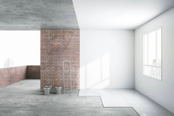 Apartment renovation concept with brick wall, concrete floor and ceiling converted into white shades room with city from the window. 3D rendering