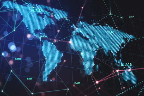 世界地図と輝線と統計指標とデジタル画面とグローバルブロックチェーンの概念 3Dレンダリング — ストック写真