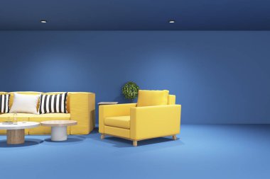 Creative blue office interior with yellow furniture. Design concept. 3D Rendering