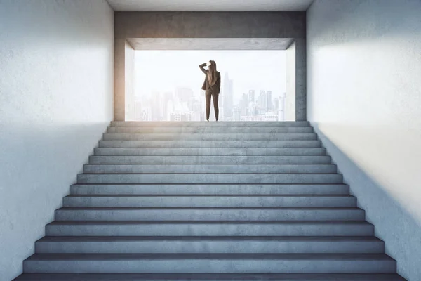 Thinking Future Concept Businesswoman Looking Megapolis City Top Stairway Exit — Fotografia de Stock