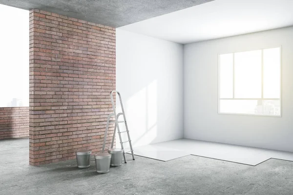 Sunny Renovation Room Light Apartment Brick White Walls Ladder Buckets — Stock Fotó