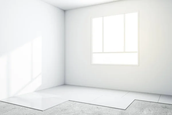 Blank White Walls Sunny Room Renovation Process Square Window Rendering — Foto Stock