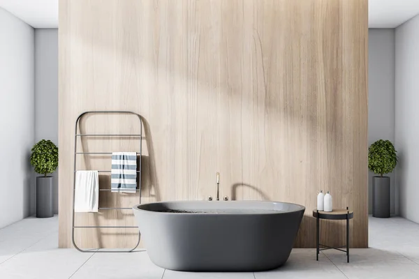 Modern Bathroom Wooden Partition Black Bath Towel Rail Stylish Coffee — Zdjęcie stockowe