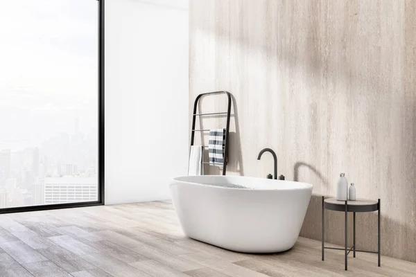 Sunny Stylish Bathroom Eco Design Huge Window City View White — 图库照片