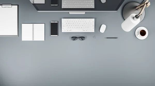 Modern Blank Office Table Surface Computer Monitor Smartphone White Keyboard — Zdjęcie stockowe