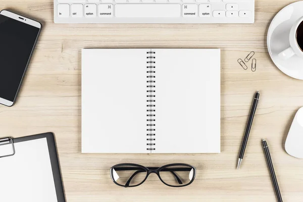 Stylish Work Table Blank Notebook Pages Keyboard Glasses Smartphone Coffee —  Fotos de Stock