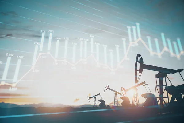 Creative oil mining and growing forex chart background at sunset. Price and oil market concept. Double exposure