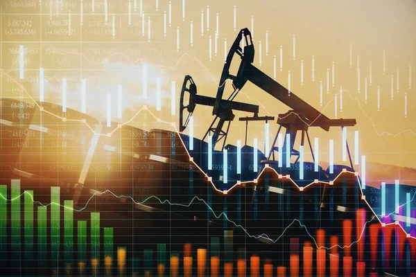 Downward forex chart on oil mining background. Crisis and market concept. Double exposure