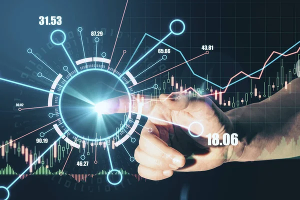 Close Side View Hand Pointing Abstract Forex Graph Glowing Candlestick — Zdjęcie stockowe