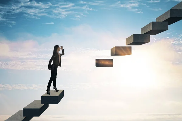 Businesswoman in career growth and challenge concept with broken staircase on bright sky background. High quality photo