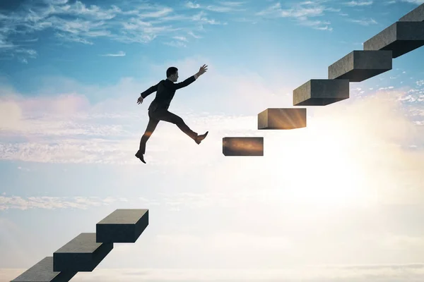 Overcome Difficulty Concept Businessman Jumps Broken Stairs Bright Sky Background — Stockfoto