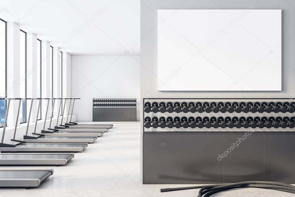 Contemporary gym interior with empty white poster on wall, equipment and city view. Health and lifestyle concept. Mock up, 3D Rendering