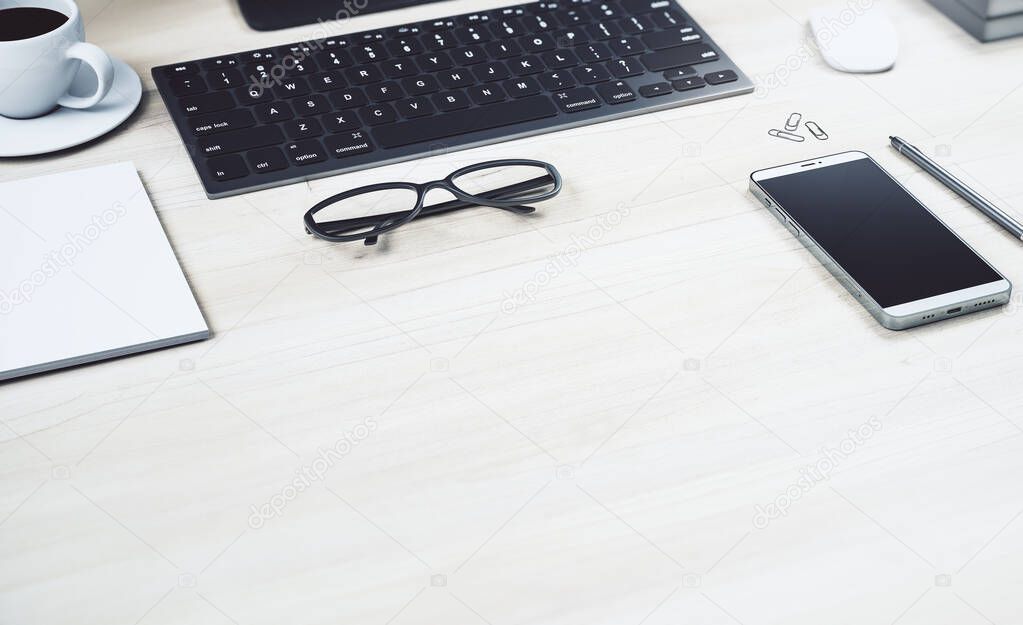 Work place with black keyboard, glasses and modern smartphone on light wooden concrete surface with copyspace. 3D rendering, mock up