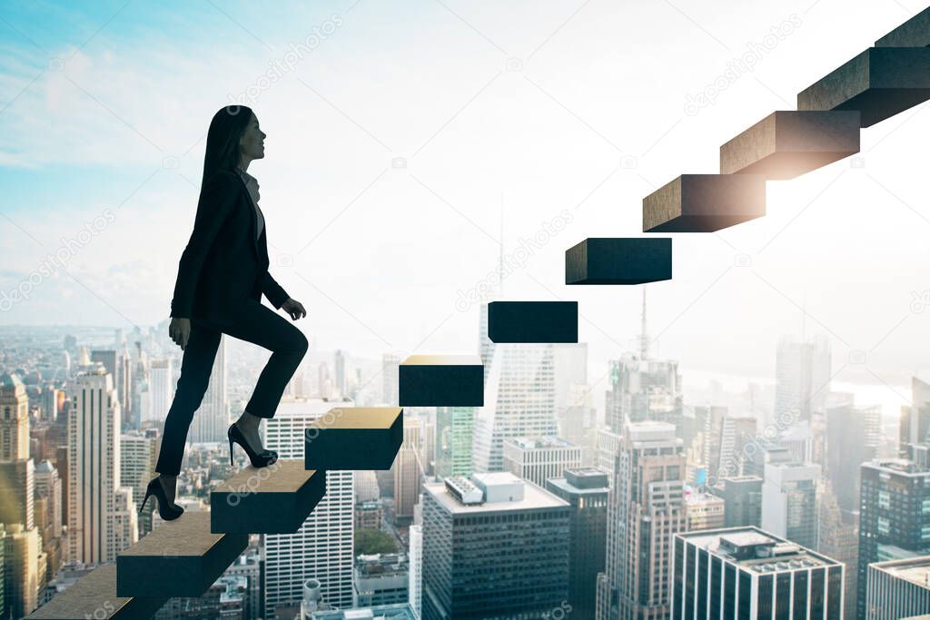 Road to success concept with businesswoman going up the stairs on sunny megapolis city background