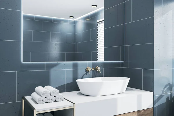 现代瓷砖浴室内部有阳光和镜子 3D渲染 — 图库照片