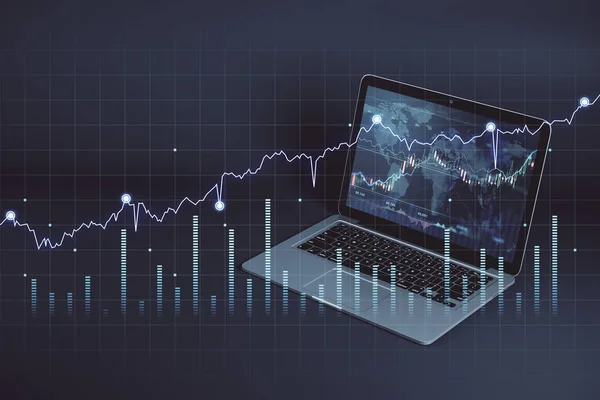 モニター上の世界地図とラップトップの背景に仮想透明画面上の財務チャート指標と世界的な外国為替市場の概念 3Dレンダリング 二重露光 — ストック写真