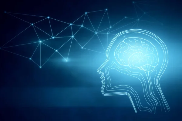 Abstract Gloeiende Digitale Herseninterface Blauwe Achtergrond Met Veelhoekig Gaas Innovatie — Stockfoto
