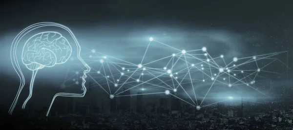 Abstract Gloeiende Digitale Herseninterface Blauwe Achtergrond Met Veelhoekig Gaas Futuristisch — Stockfoto