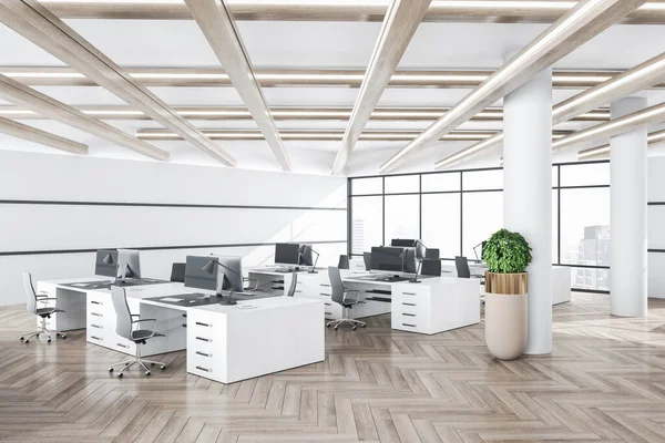 Spacious White Coworking Office Interior Daylight Wooden Floor Window City — Stock Photo, Image