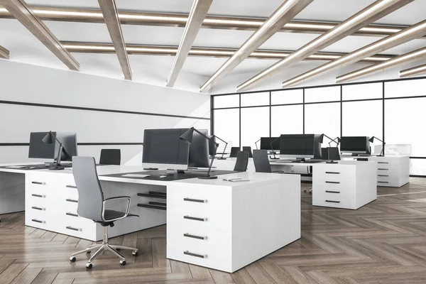 Moderne Hvite Coworking Office Interiør Med Dagslys Tregulv Vindu Med – stockfoto