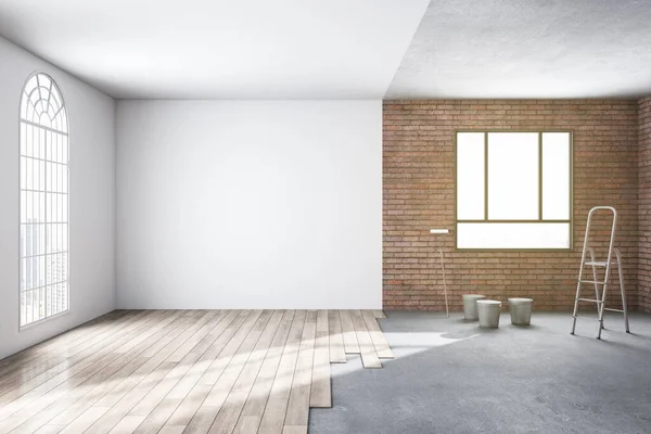 Sala Soleada Inacabada Reparaciones Interiores Apartamento Con Ventana Paredes Ladrillo — Foto de Stock