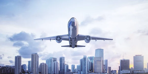 Airplane Bright City Skyline Blue Sky Background Travel Aviation Concept — Stock Photo, Image