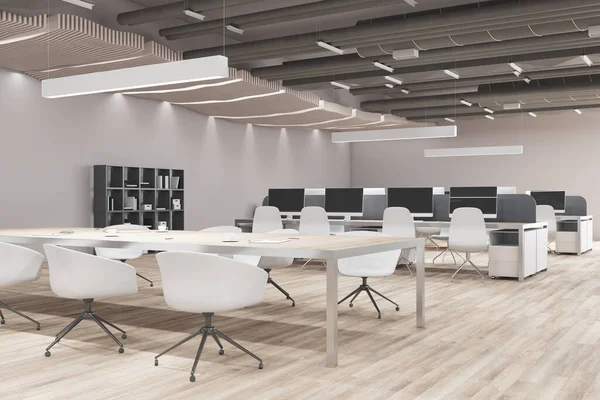 Moderno Ufficio Coworking Interno Con Mobili Pareti Cemento Pavimenti Legno — Foto Stock