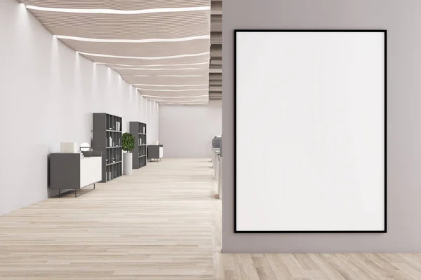 现代化的工作间内部有空旷的招贴画 混凝土墙壁和木制地板 3D渲染 — 图库照片