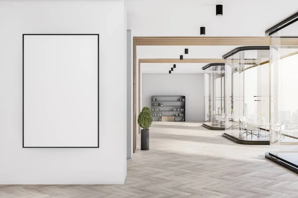 Modern Kantoorinterieur Met Lege Poster Betonnen Glazen Wand Meubilair Daglicht — Stockfoto