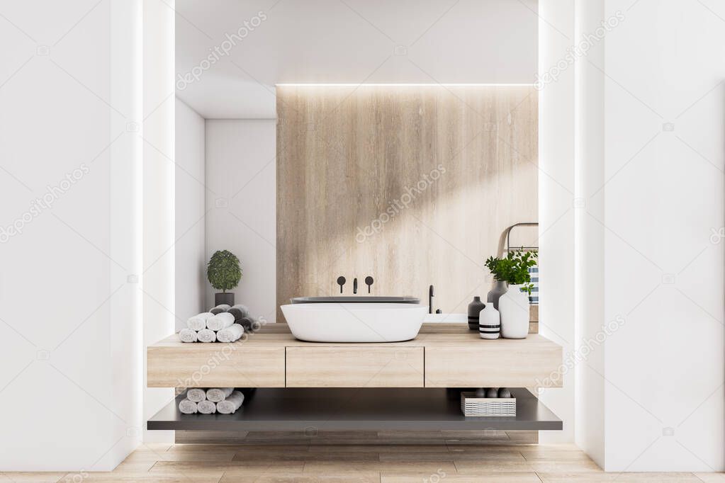 Stylish sunny eco design bathroom with wooden wall and countertop, white washbasin, rolled towels and clean light walls. 3D rendering