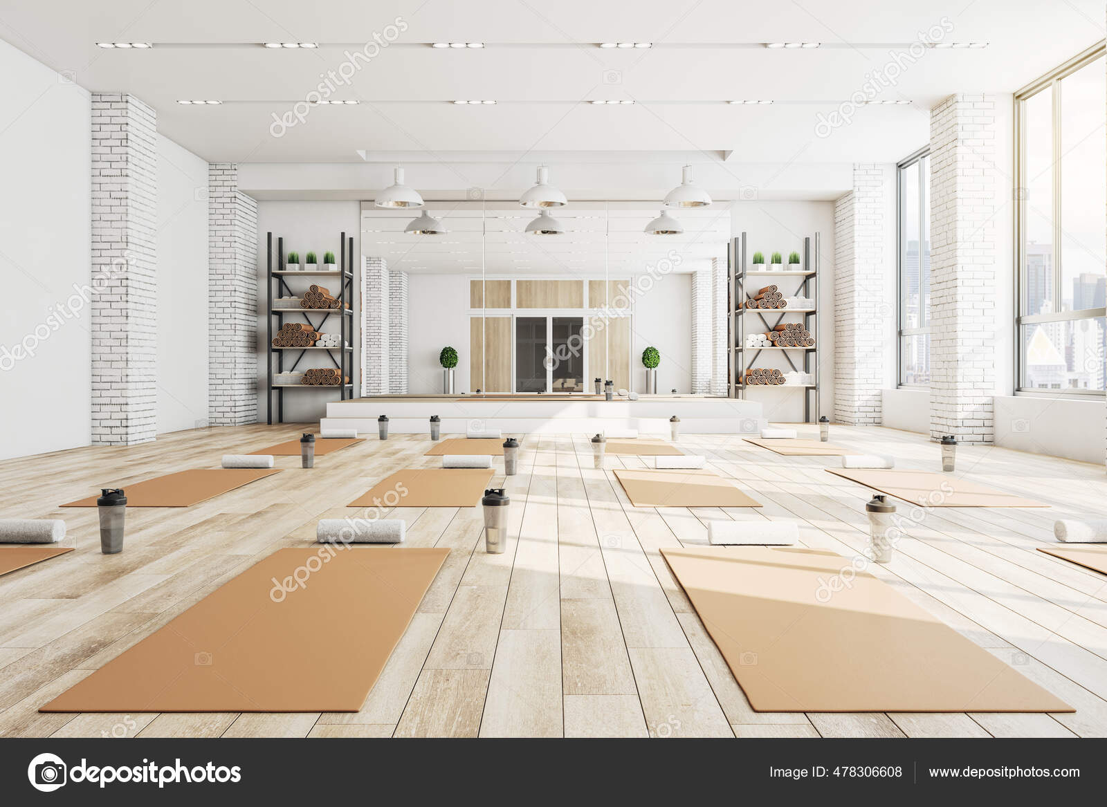 Modern Concrete Yoga Gym Interior Equipment Daylight Wooden Flooring  Healthy Stock Photo by ©peshkov 478306608