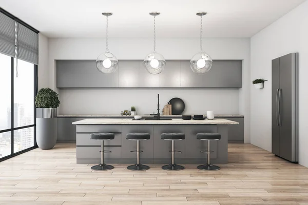 Modern Kitchen Interior Concrete Wall Wooden Floor City View Equipment — Stock Photo, Image