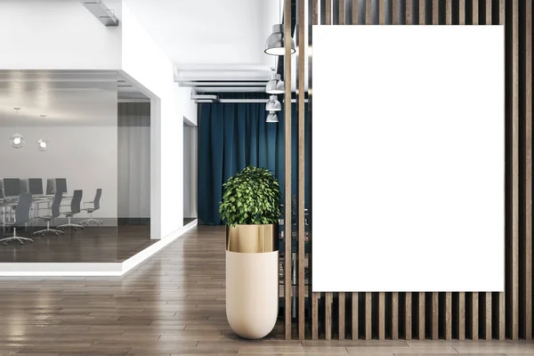 Blank white poster on wooden partition in stylish office space with tree in a flowerpot on wooden parquet and work place behind a glass wall. 3D rendering, mockup