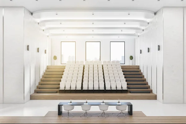 White concrete auditorium interior with seatings, city view and daylight. Training concept. 3D Rendering