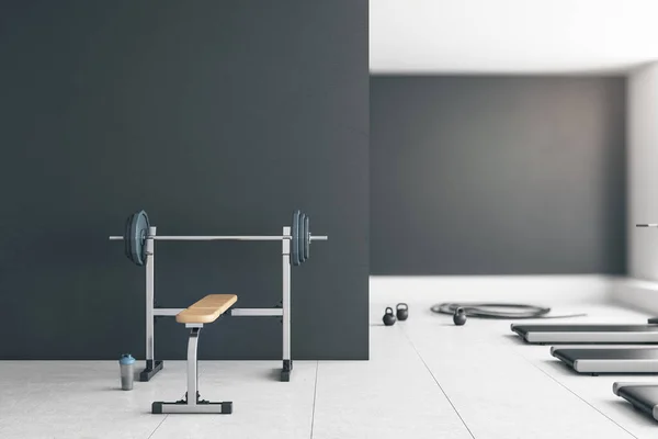 Grå Gym Interiör Med Tom Mockup Utrymme Utrustning Och Dagsljus — Stockfoto