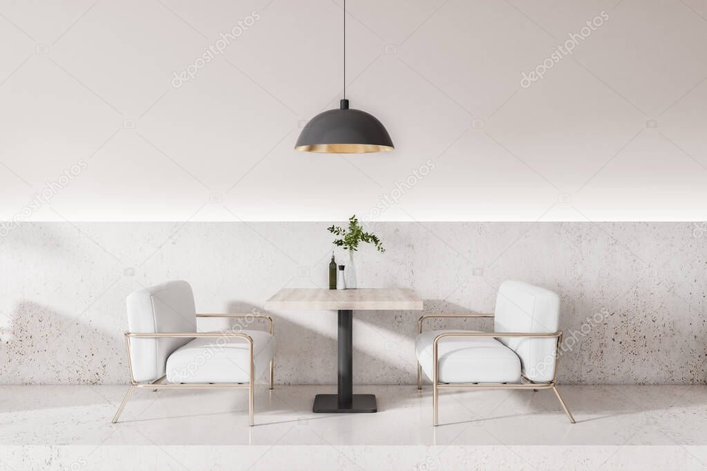 Modern concrete art deco cafe interior with furniture and daylight. 3D Rendering