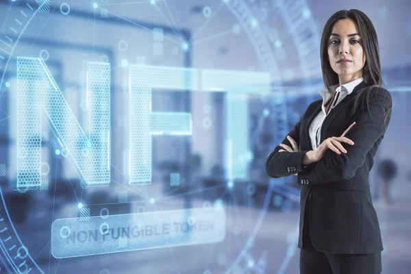 Young European Businesswoman Standing Blurry Office Interior Glowing Nft Non — Stock Photo, Image