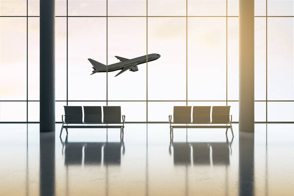 Travel and business trip concept with empty spacious airport hall and taking off plane outside the glass wall. 3D rendering