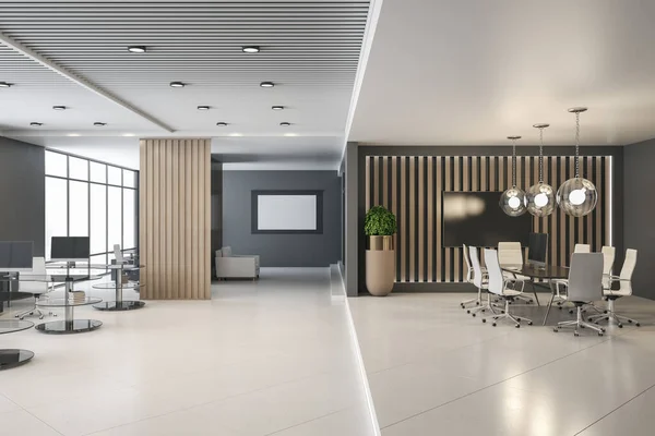 木製の装飾インテリアデザイン ライトトップと光沢のある床とサニーコワーキングオフィス グレーの壁とスタイリッシュな会議室の黒いフレームの空白の白い壁紙 3Dレンダリング — ストック写真